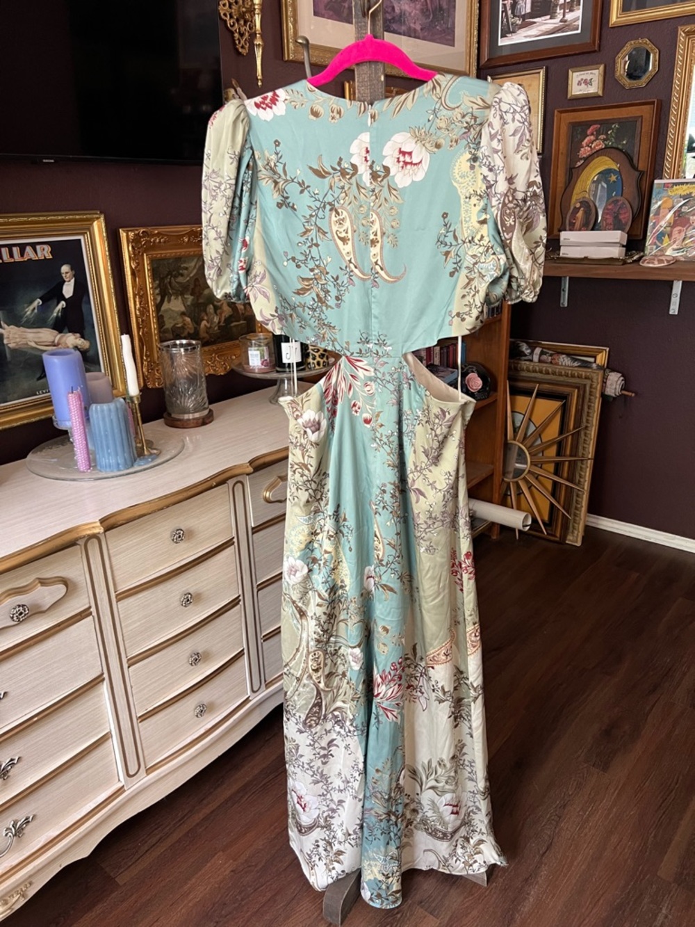 Express Satin Floral V-Neck Puff Sleeve Tie Front Cutout Maxi Dress Large - Picture 11 of 11
